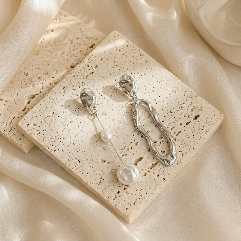 Abstract Pearl Drop Earrings - Silver